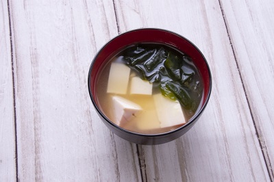 Miso soup with tofu and wakame seaweed